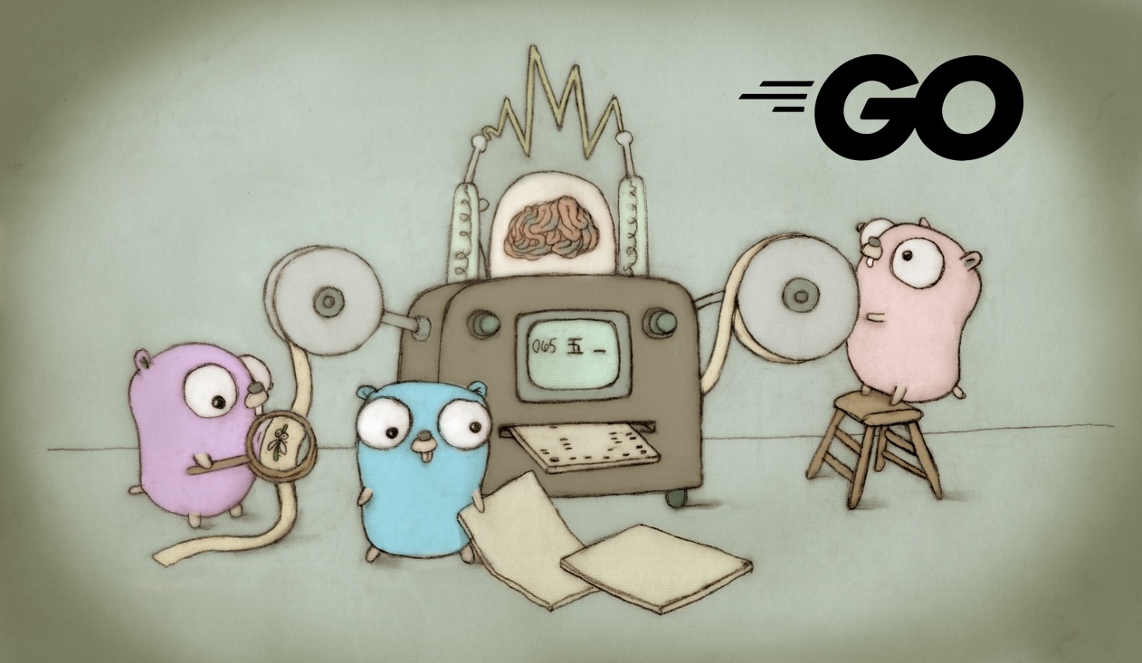 Official graphic from Go's standard library of multiple of Go's cartoon gopher mascots working on a large cartoon rendering of a computer that uses tape, punch cards, and an encased brain.